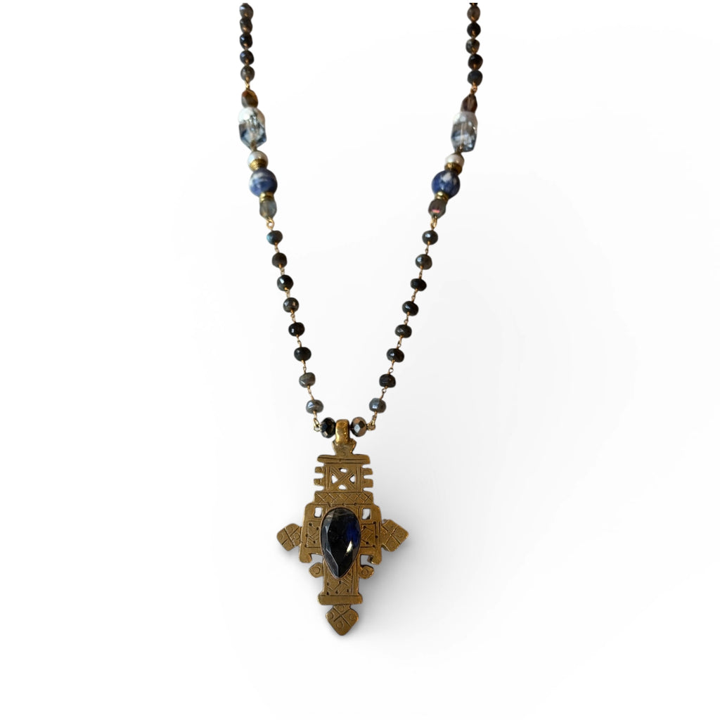 African Tuareg Cross Necklace | Blue Faceted Crystal