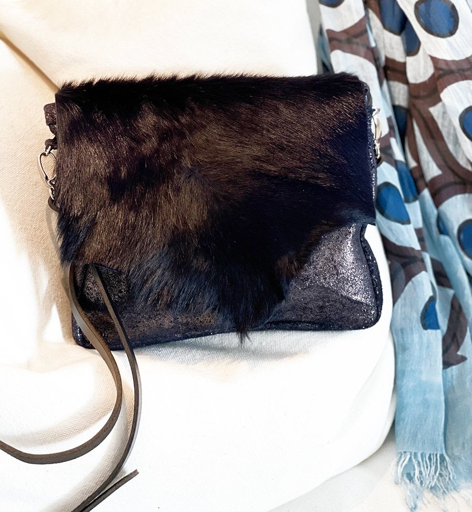 Midnight Sparkle w/ Italian Navy Fur Flap Handbag