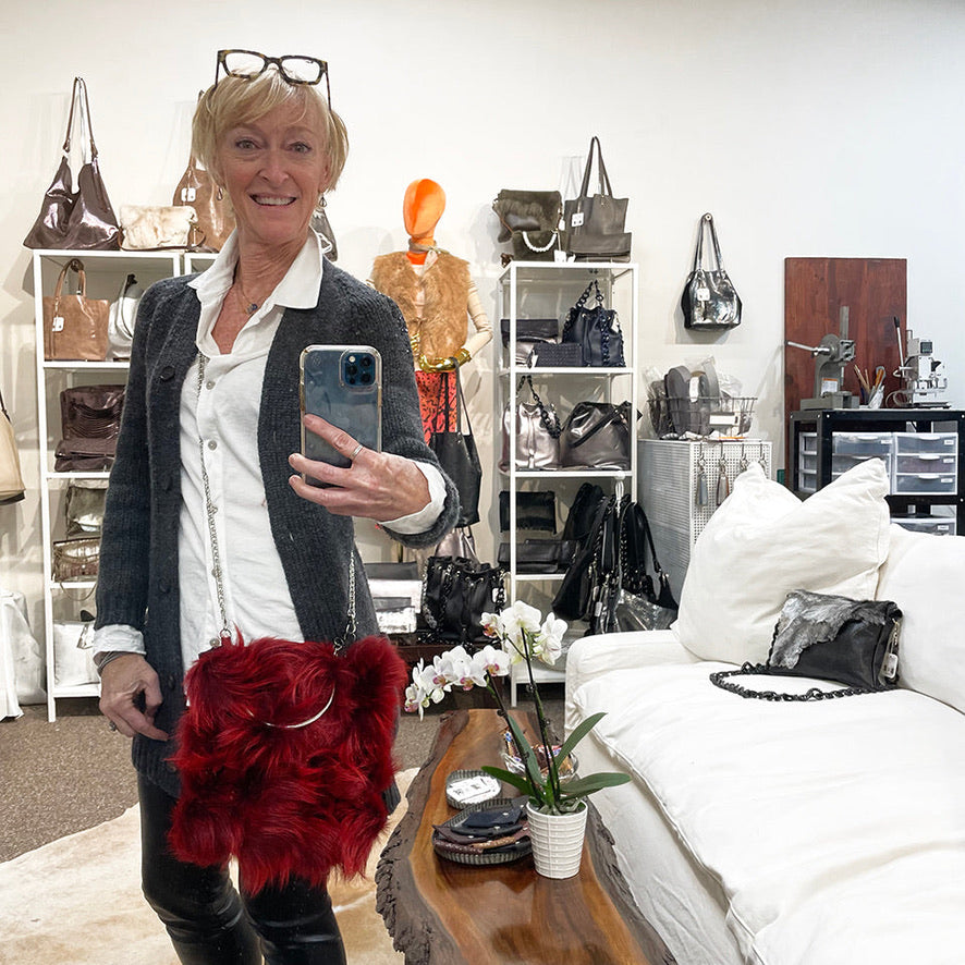 Ruby Fur & Black Matte Leather Handbag