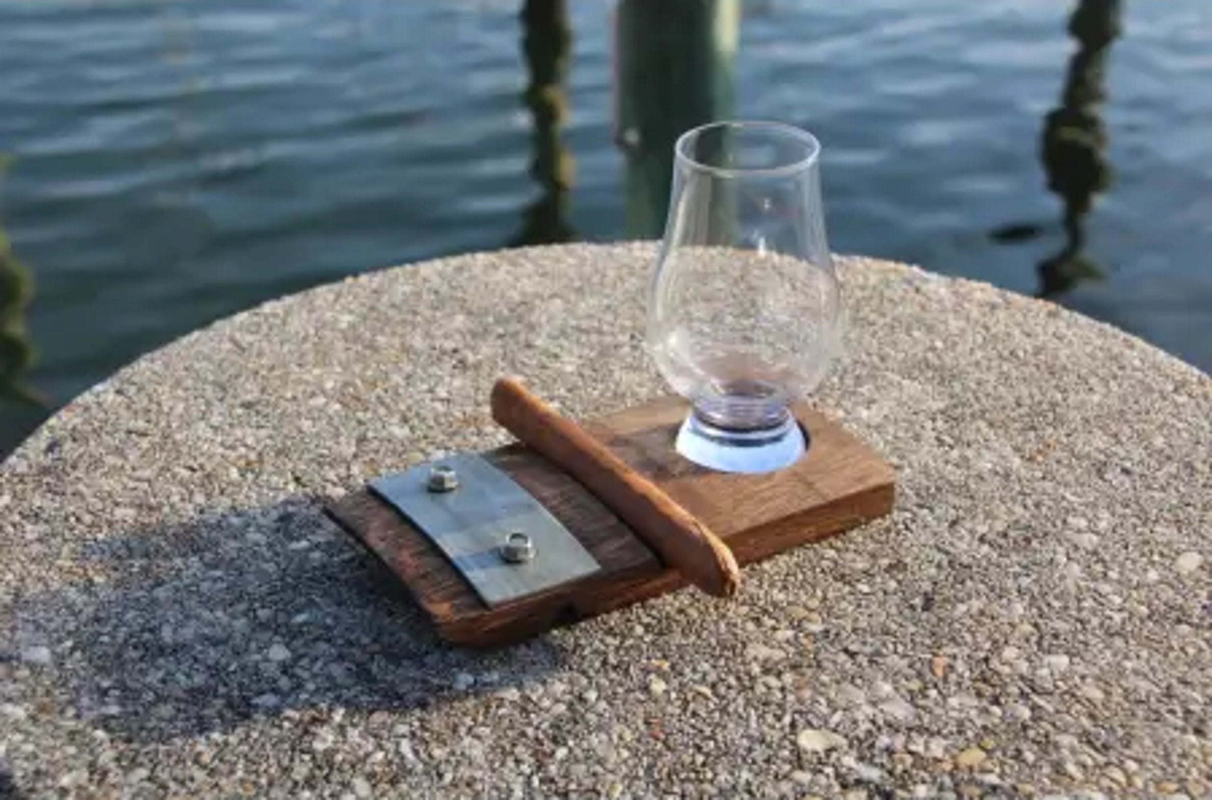 Whiskey Stave Coaster w/ Cigar Holder & Glencairn Glass