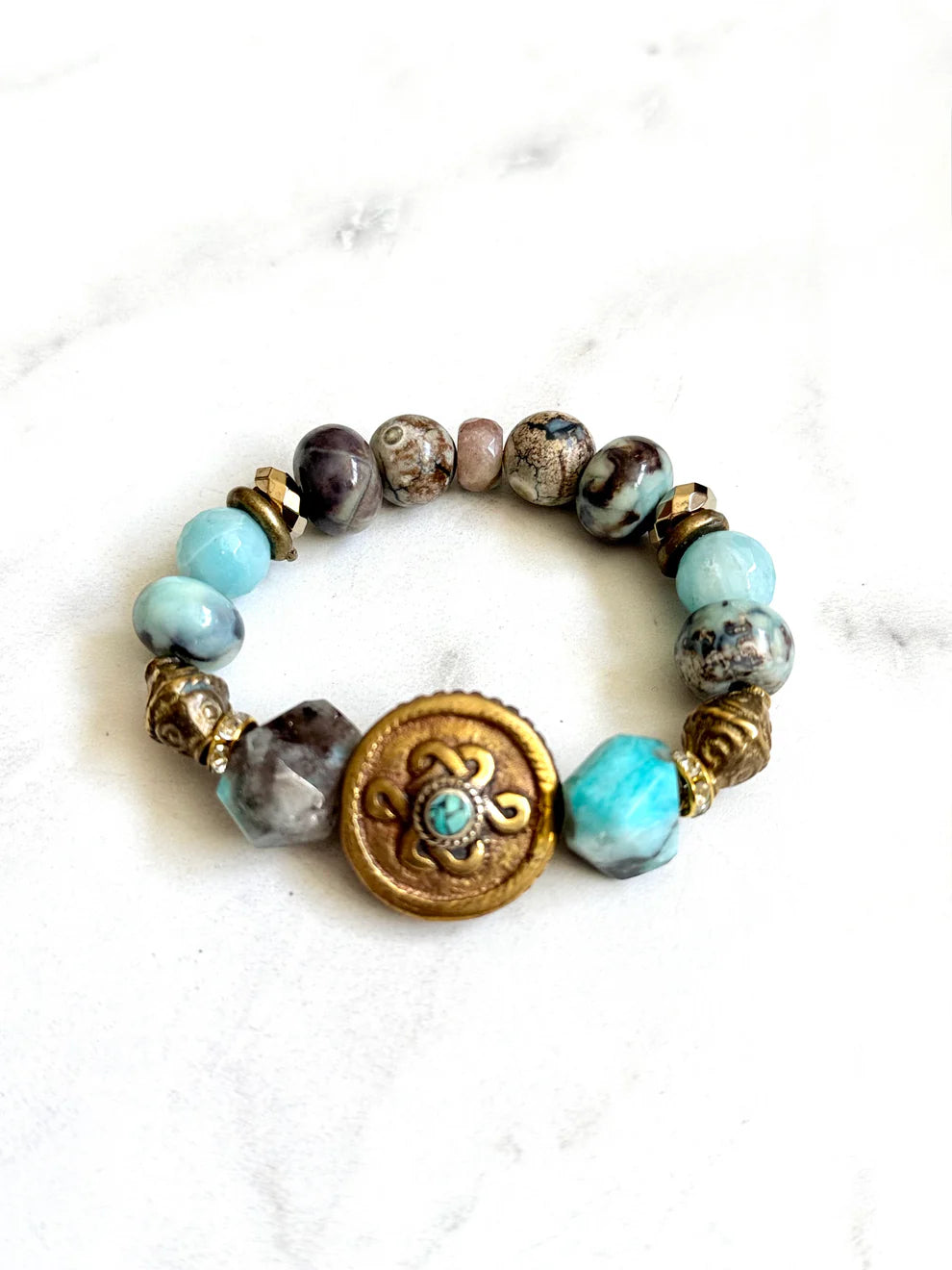 Turquoise-Inlaid Brass Bracelet