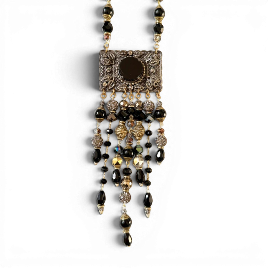 Black Jet & Marcasite Brooch Necklace — 1940s Antique, Austrian Crystal & African Brass Cascade | 22"