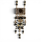 Black Jet & Marcasite Brooch Necklace — 1940s Antique, Austrian Crystal & African Brass Cascade | 22"