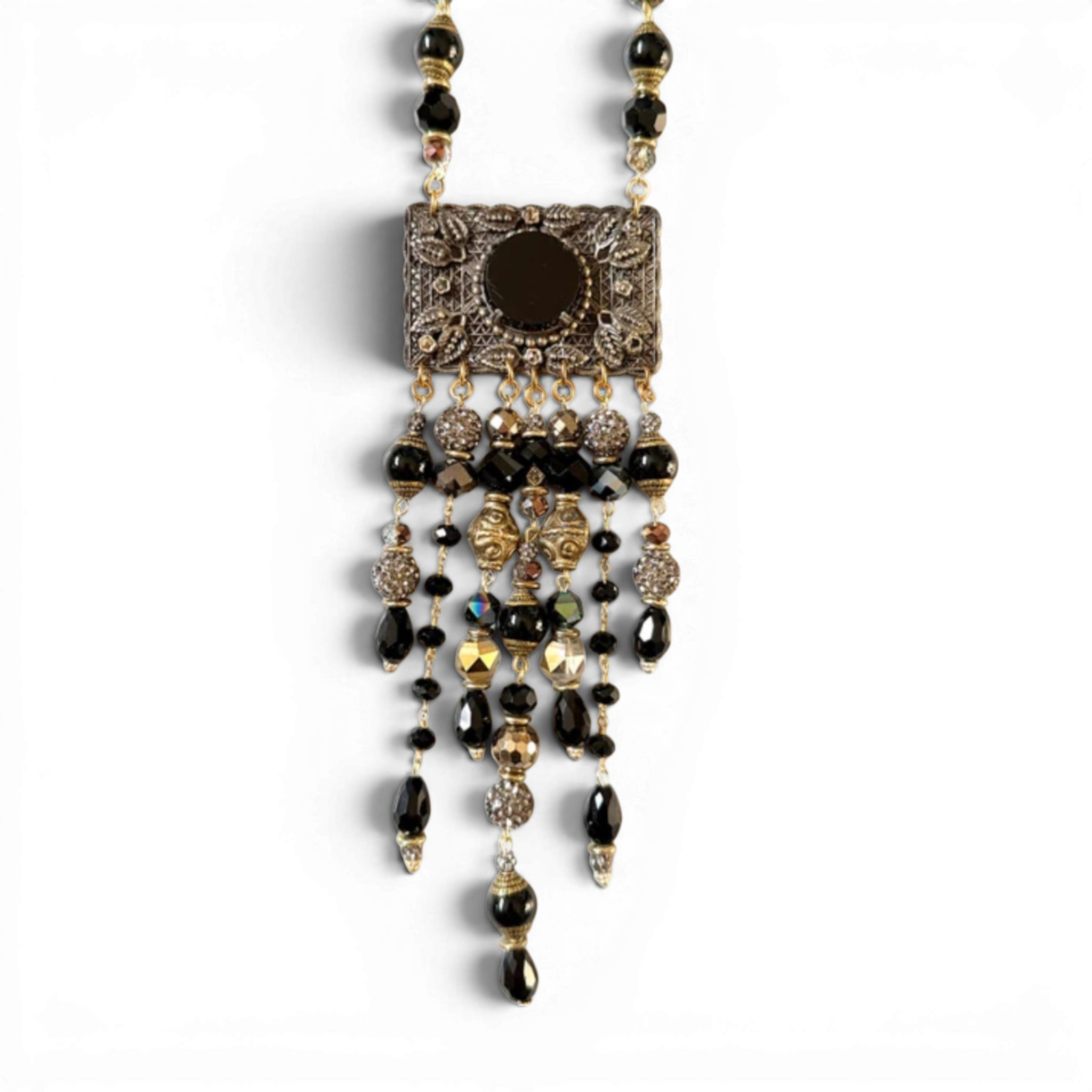 Black Jet & Marcasite Brooch Necklace — 1940s Antique, Austrian Crystal & African Brass Cascade | 22"