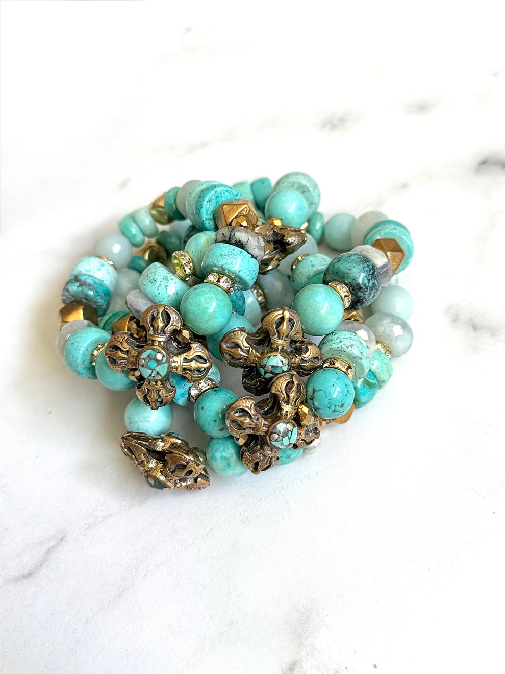 Turquoise-Inlaid Tibetan Brass Cross Bracelet