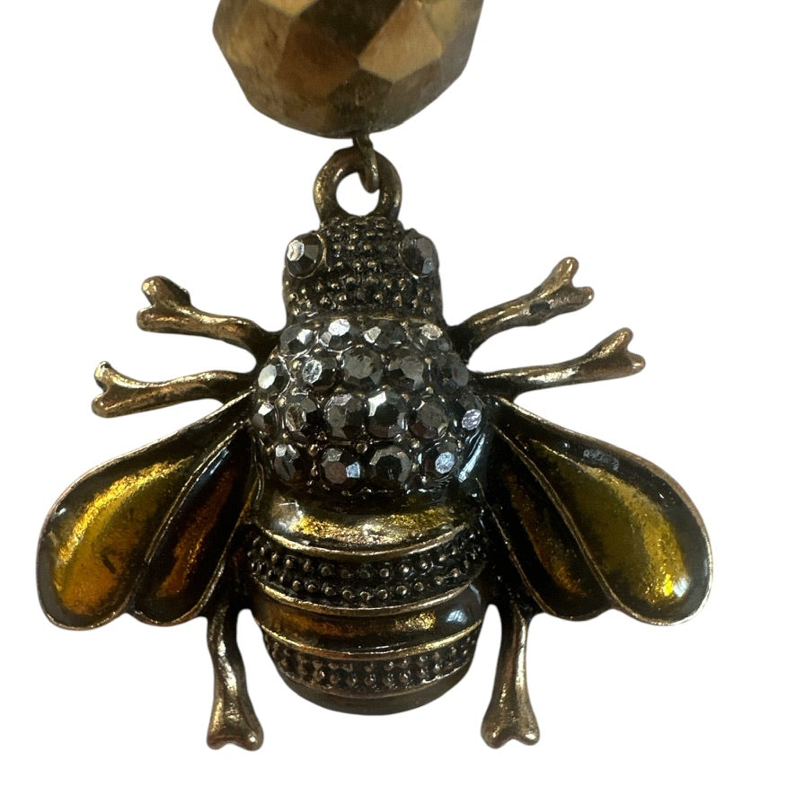Antique Bee Charm Necklace w/ Tibetan Black Jet Drops & Austrian Crystal
