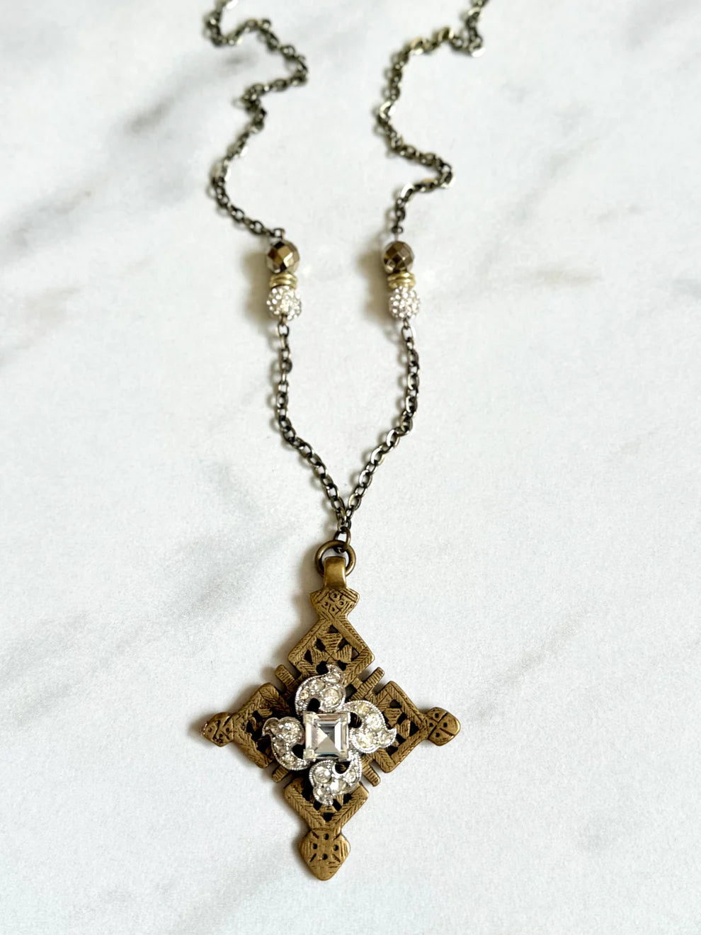 Tibetan Cross Pendant w/ Antique Rhinestone Brooch