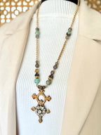 Tuareg Cross Necklace — African Brass, Antique Rhinestone & Gemstone Beads | 28"