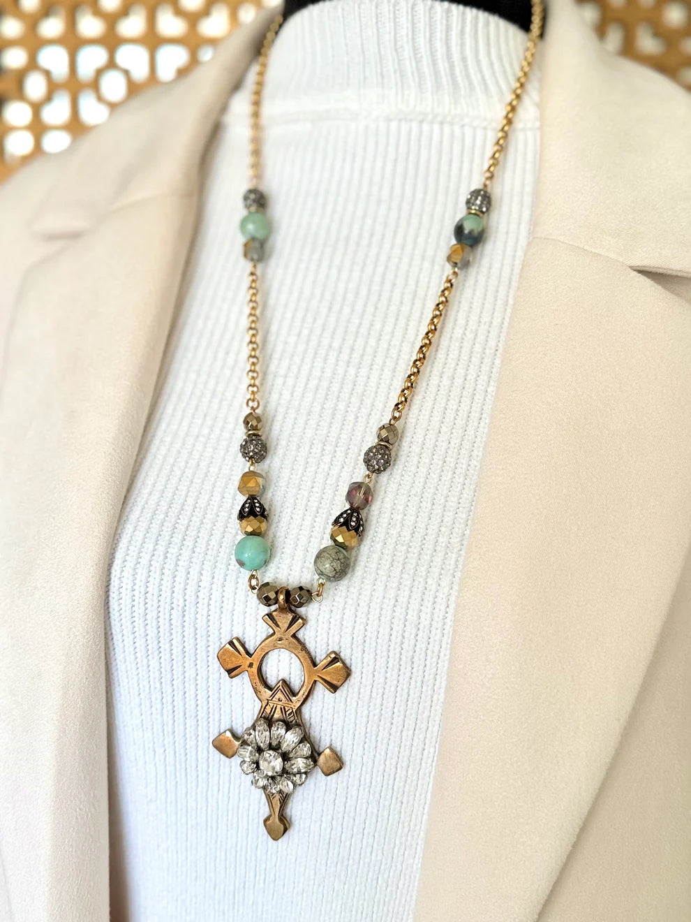 African Tuareg Cross w/ Antique Rhinestone Brooch