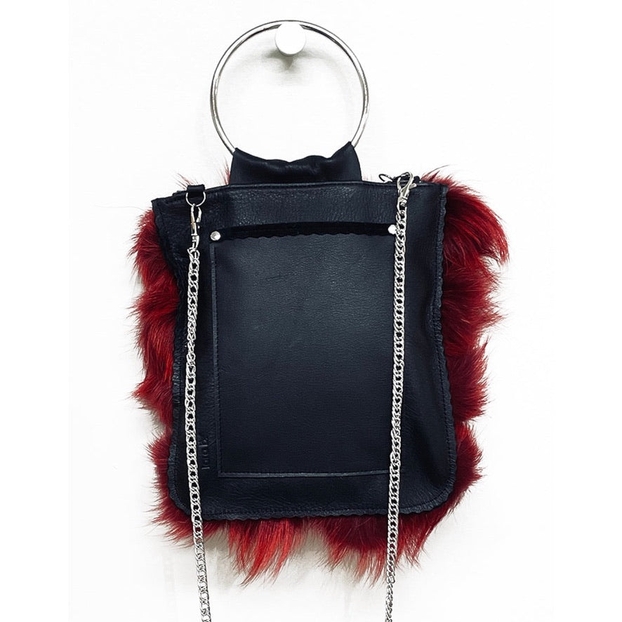 Ruby Fur & Black Matte Leather Handbag