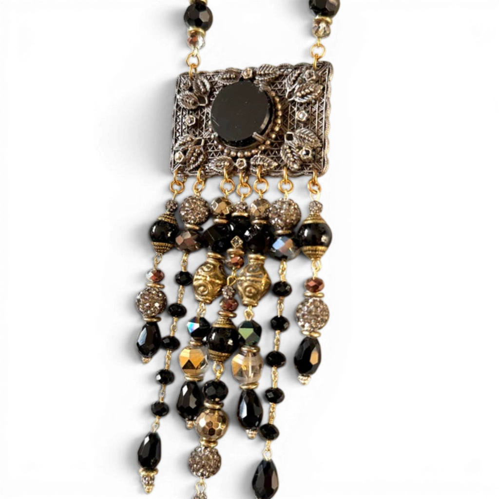 Black Jet & Marcasite Brooch Necklace — 1940s Antique, Austrian Crystal & African Brass Cascade | 22"