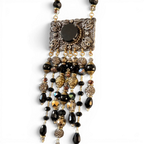 Black Jet & Marcasite Brooch Necklace — 1940s Antique, Austrian Crystal & African Brass Cascade | 22"