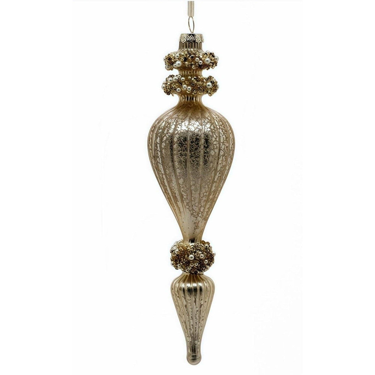 Golden Pearls Estate Glass Finial Ornament | 9.5"