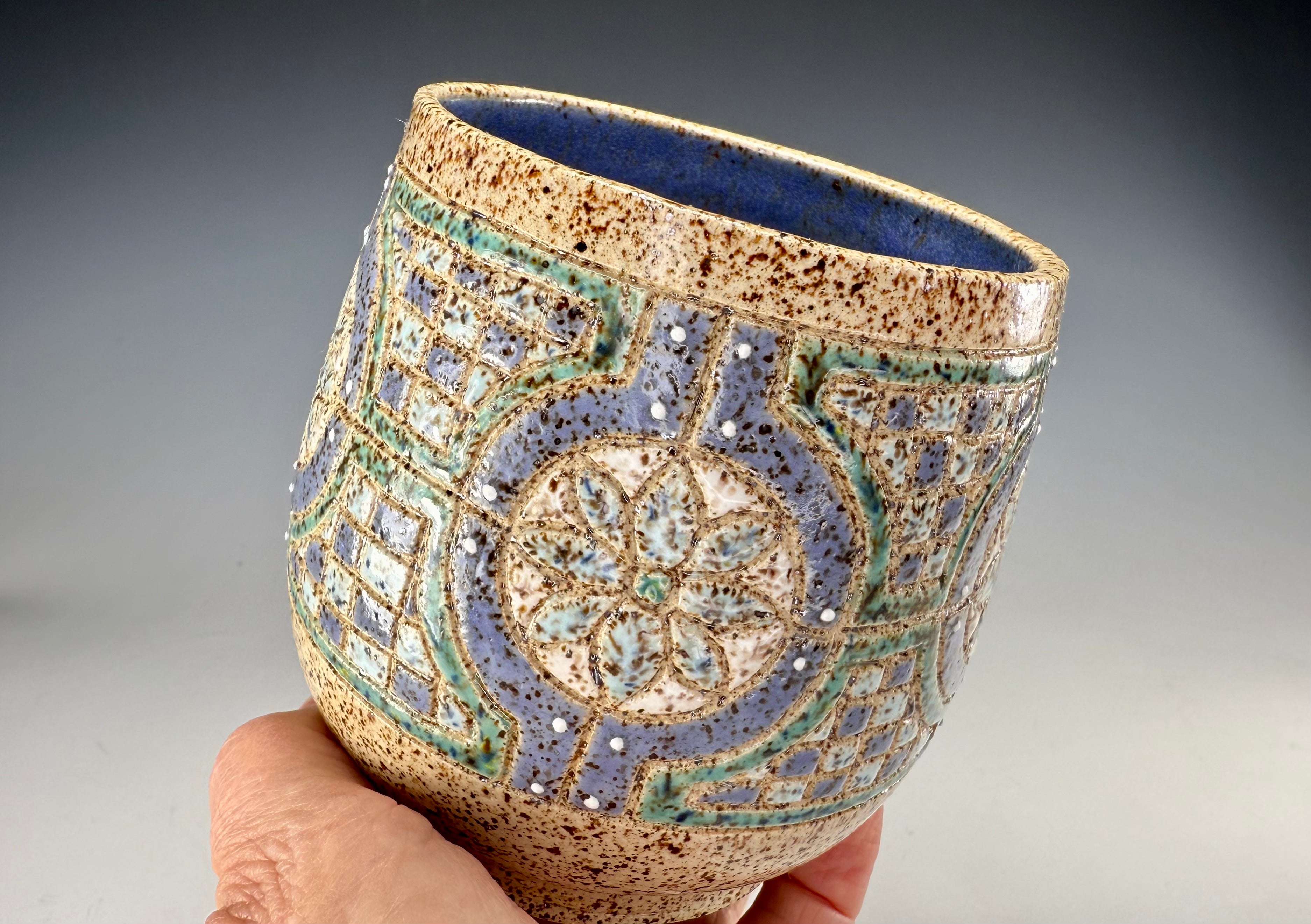 "Blueberry Patch" Carved Stoneware Mug | 18 oz | One of a Kind Artisan Vessel