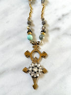 Tuareg Cross Necklace — African Brass, Antique Rhinestone & Gemstone Beads | 28"