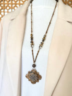 Antique French Brass Medallion Necklace — Scrollwork Cartouche & Silver Pinwheel | 18"
