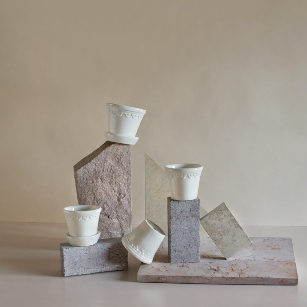 Castle 12 Mineral White Glazed Pot + Saucer