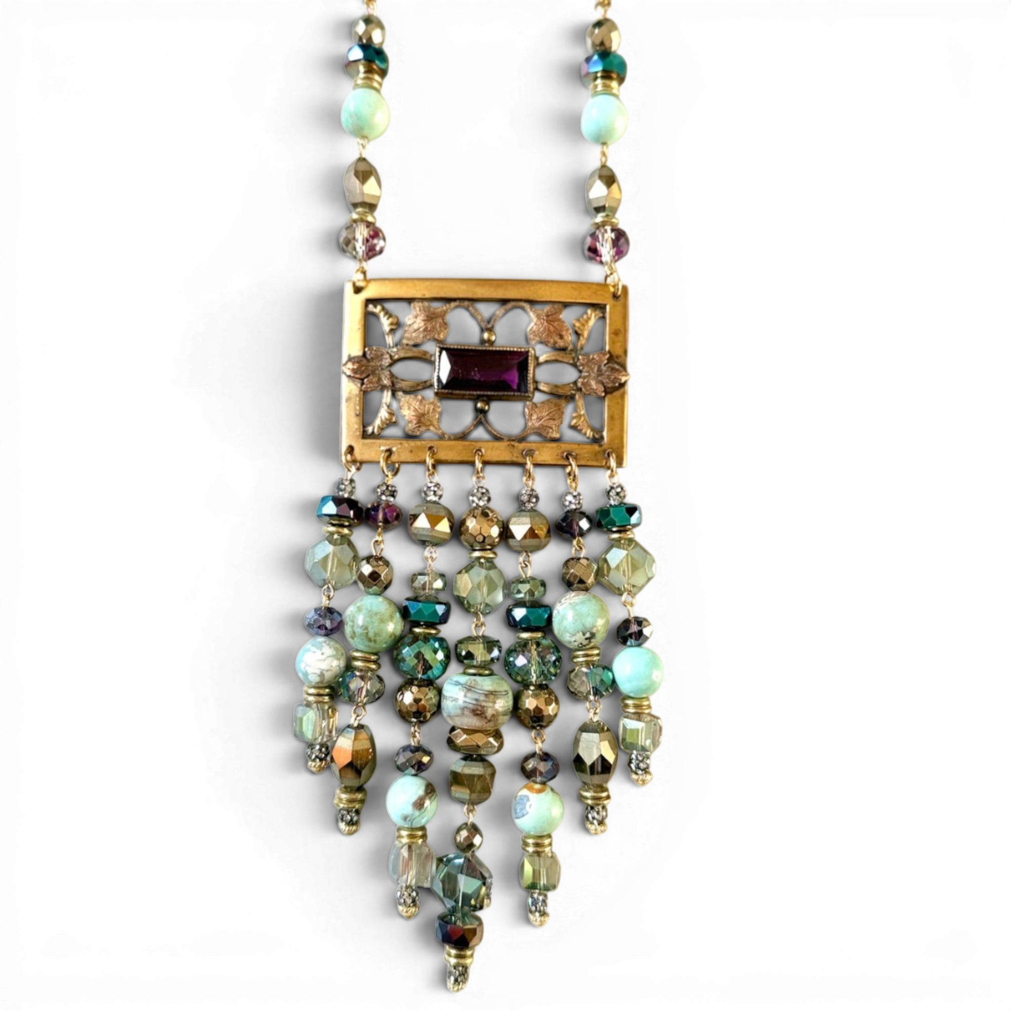 Amethyst & Brass Filigree Brooch Necklace — 1940s Antique, Dragonskin Jasper & Austrian Crystal Cascade | 20"