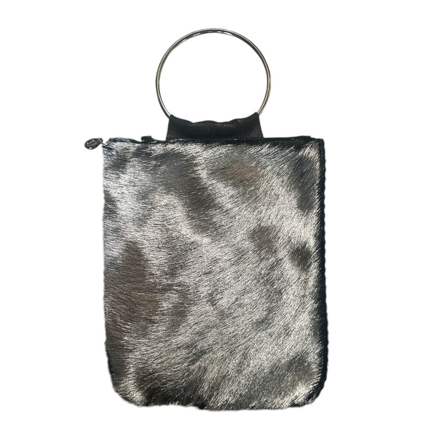 Silver Fur & Black Matte Leather Handbag