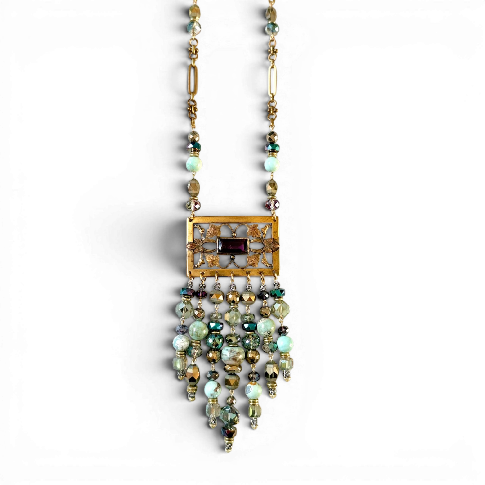 Amethyst & Brass Filigree Brooch Necklace — 1940s Antique, Dragonskin Jasper & Austrian Crystal Cascade | 20"