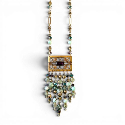 Amethyst & Brass Filigree Brooch Necklace — 1940s Antique, Dragonskin Jasper & Austrian Crystal Cascade | 20"