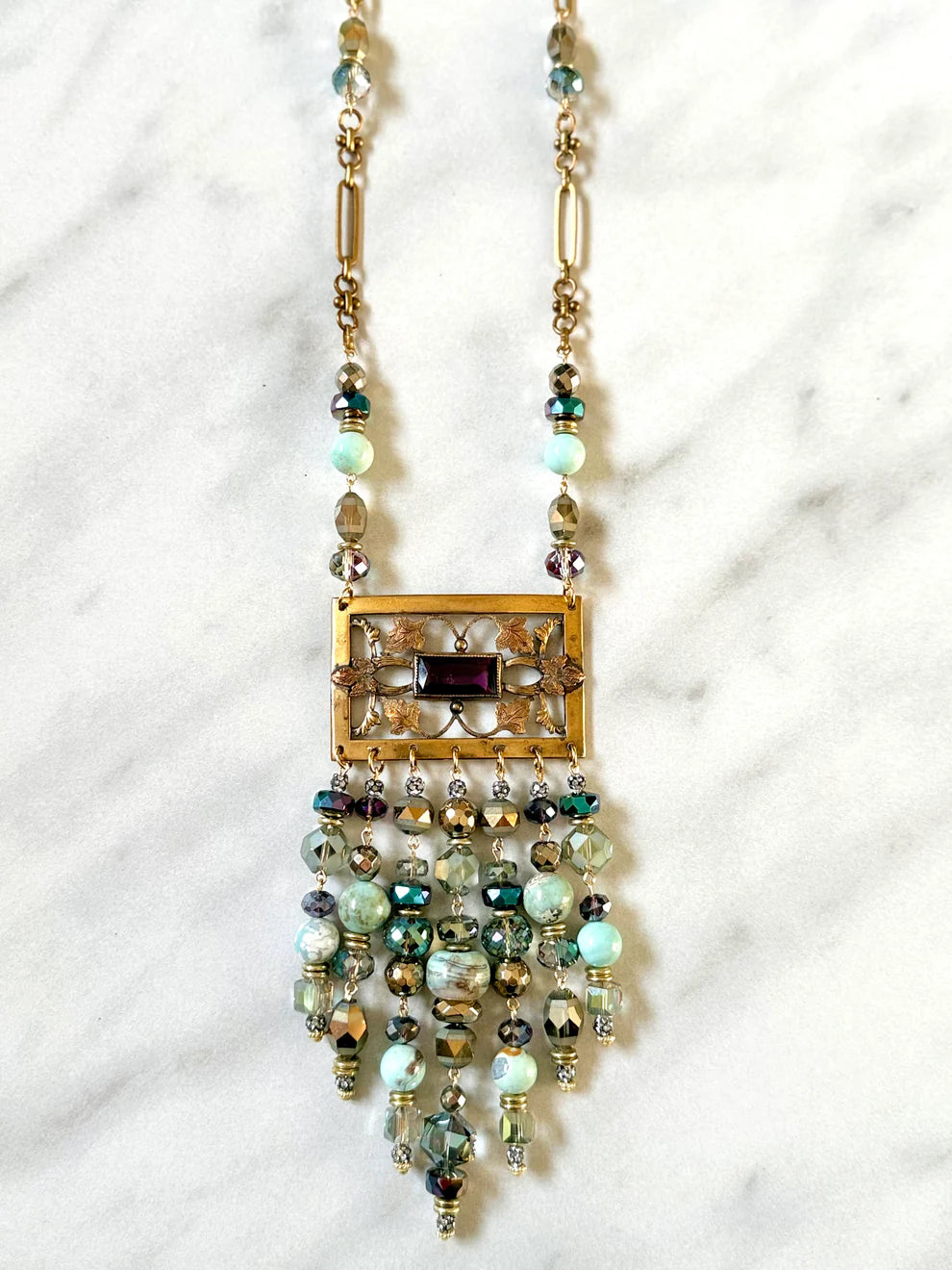 1940’s Amethyst Brooch w/ Beaded Fringe Necklace