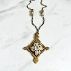 Tibetan Cross Necklace — Brass Filigree Pendant & Antique Rhinestone Brooch | 26"
