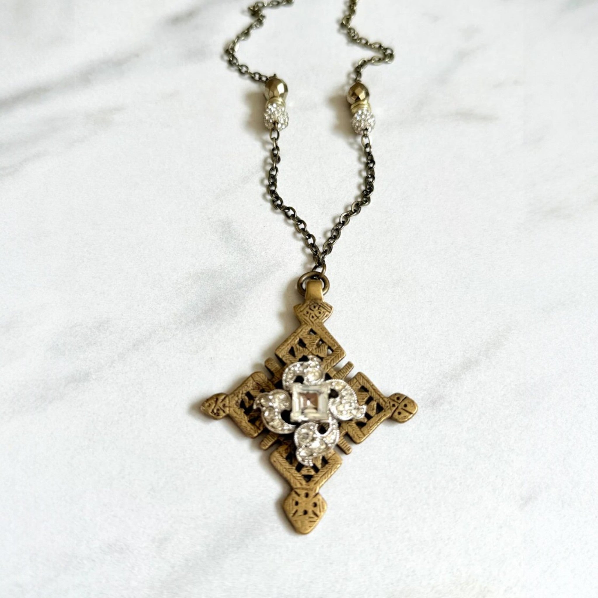 Tibetan Cross Pendant w/ Antique Rhinestone Brooch