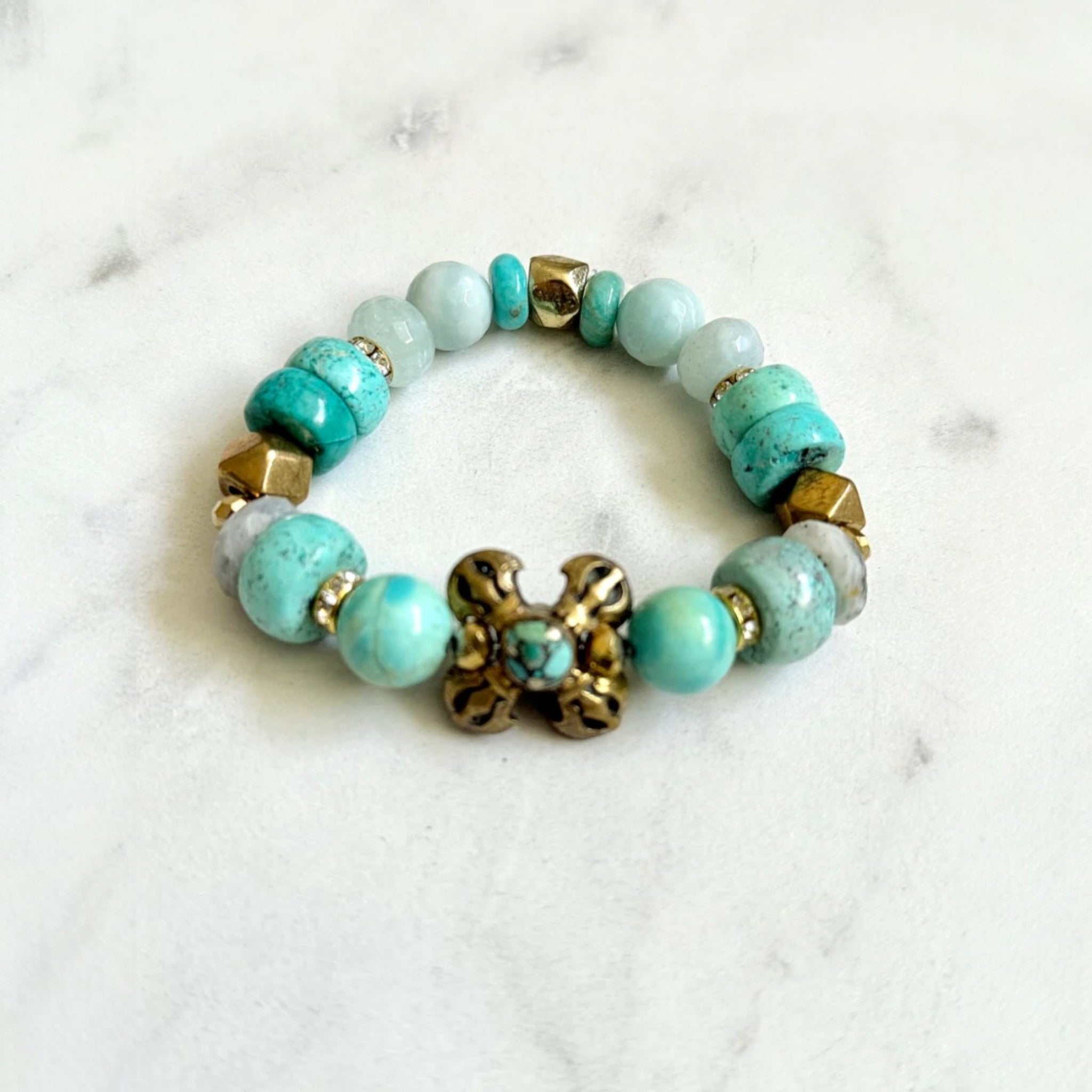 Turquoise-Inlaid Tibetan Brass Cross Bracelet