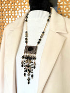 Black Jet & Marcasite Brooch Necklace — 1940s Antique, Austrian Crystal & African Brass Cascade | 22"