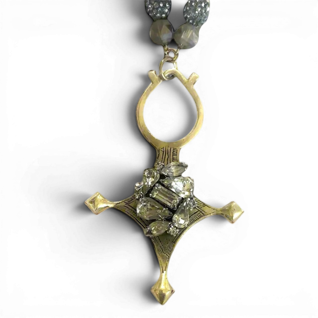 Ethiopian Cross Necklace — Brass, Hand-Placed Vintage Rhinestones & Czech Glass Beads | 28"