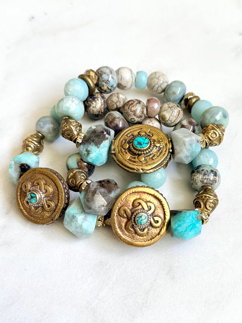 Turquoise-Inlaid Brass Bracelet