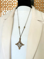 Tibetan Cross Necklace — Brass Filigree Pendant & Antique Rhinestone Brooch | 26"