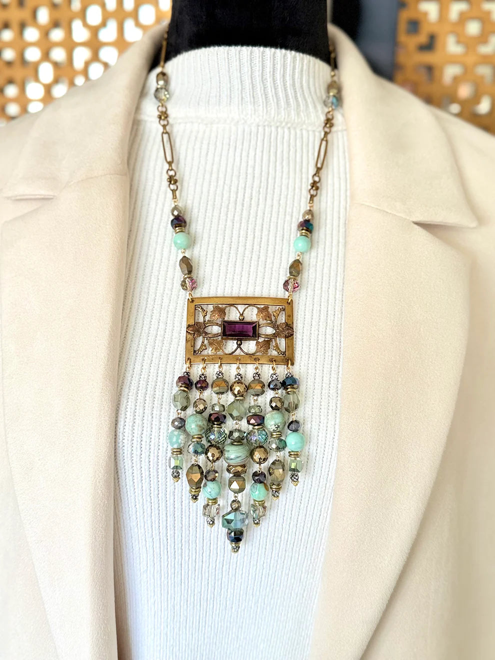 1940’s Amethyst Brooch w/ Beaded Fringe Necklace