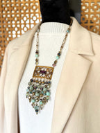 Amethyst & Brass Filigree Brooch Necklace — 1940s Antique, Dragonskin Jasper & Austrian Crystal Cascade | 20"
