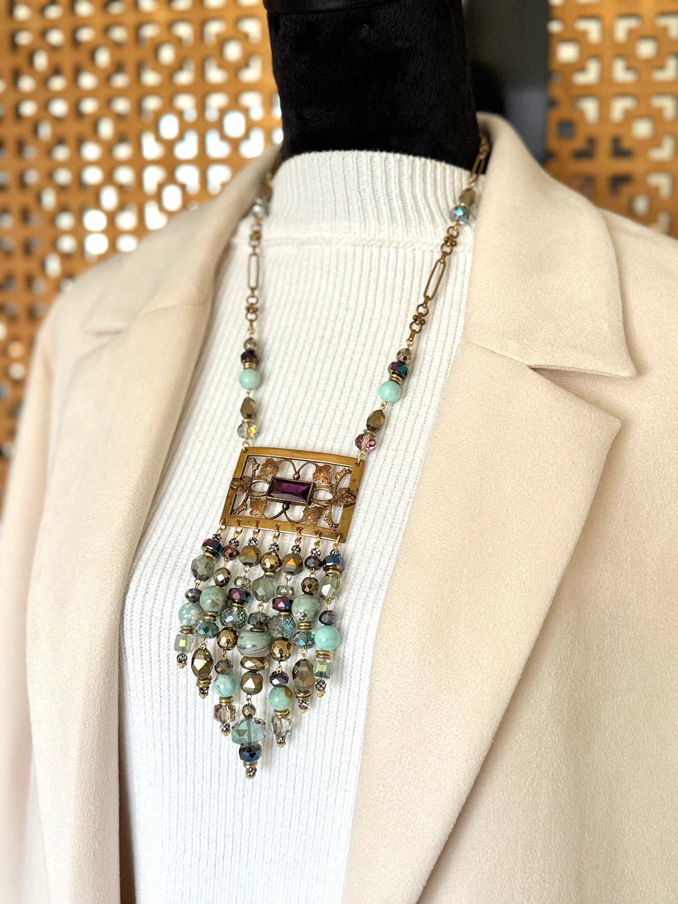 1940’s Amethyst Brooch w/ Beaded Fringe Necklace