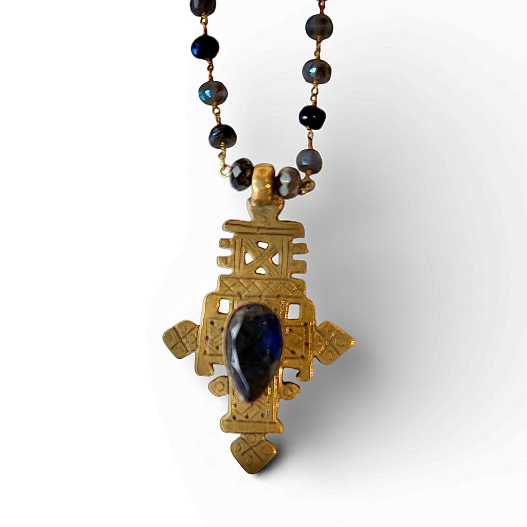 African Tuareg Cross Necklace | Blue Faceted Crystal