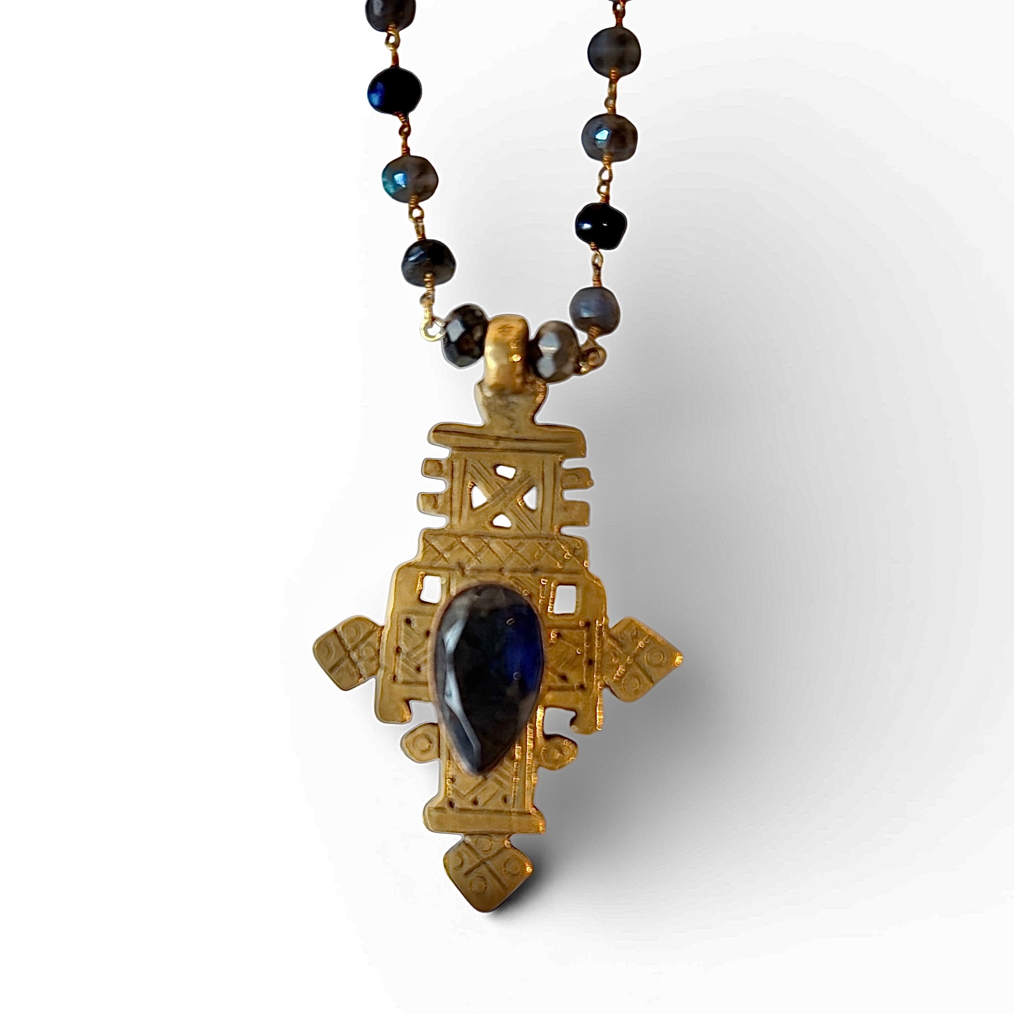African Tuareg Cross Necklace | Blue Faceted Crystal
