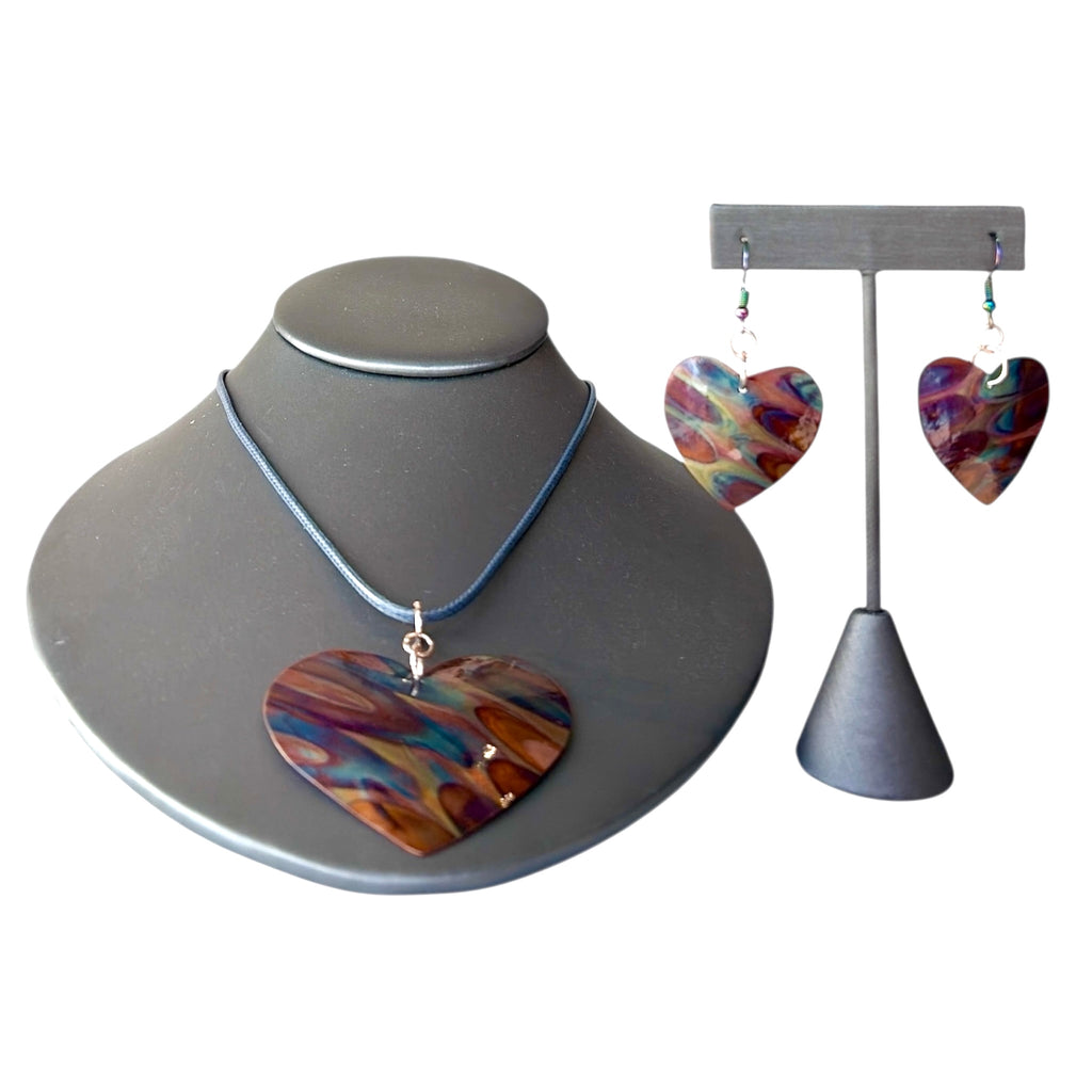 Flame Painted Copper Hearts Jewelry Set