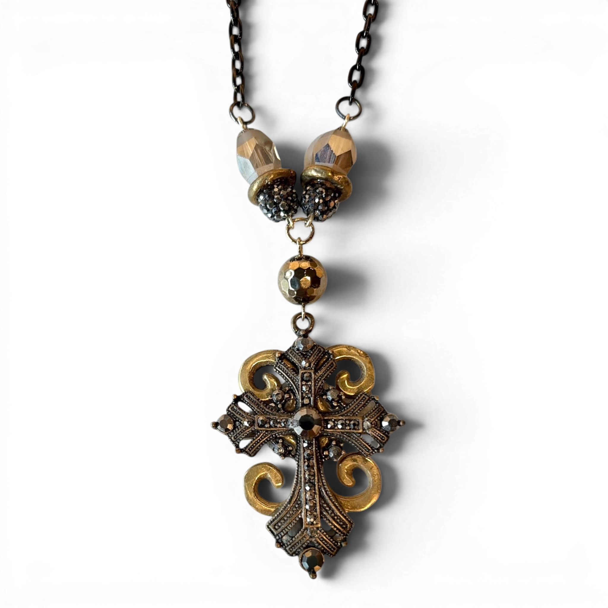 The Alchemist Cross — Ornate Scrollwork Pendant & Pyrite Bead Chain | 28"