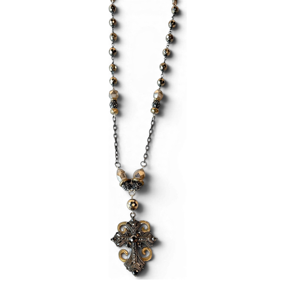 The Alchemist Cross — Ornate Scrollwork Pendant & Pyrite Bead Chain | 28"