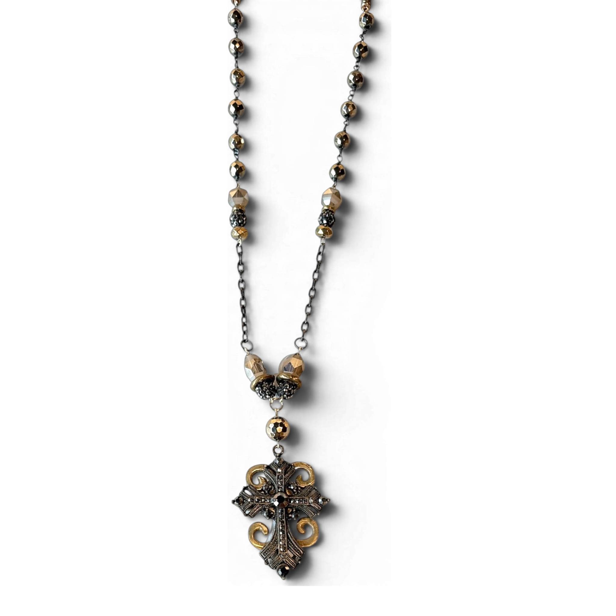 The Alchemist Cross — Ornate Scrollwork Pendant & Pyrite Bead Chain | 28"