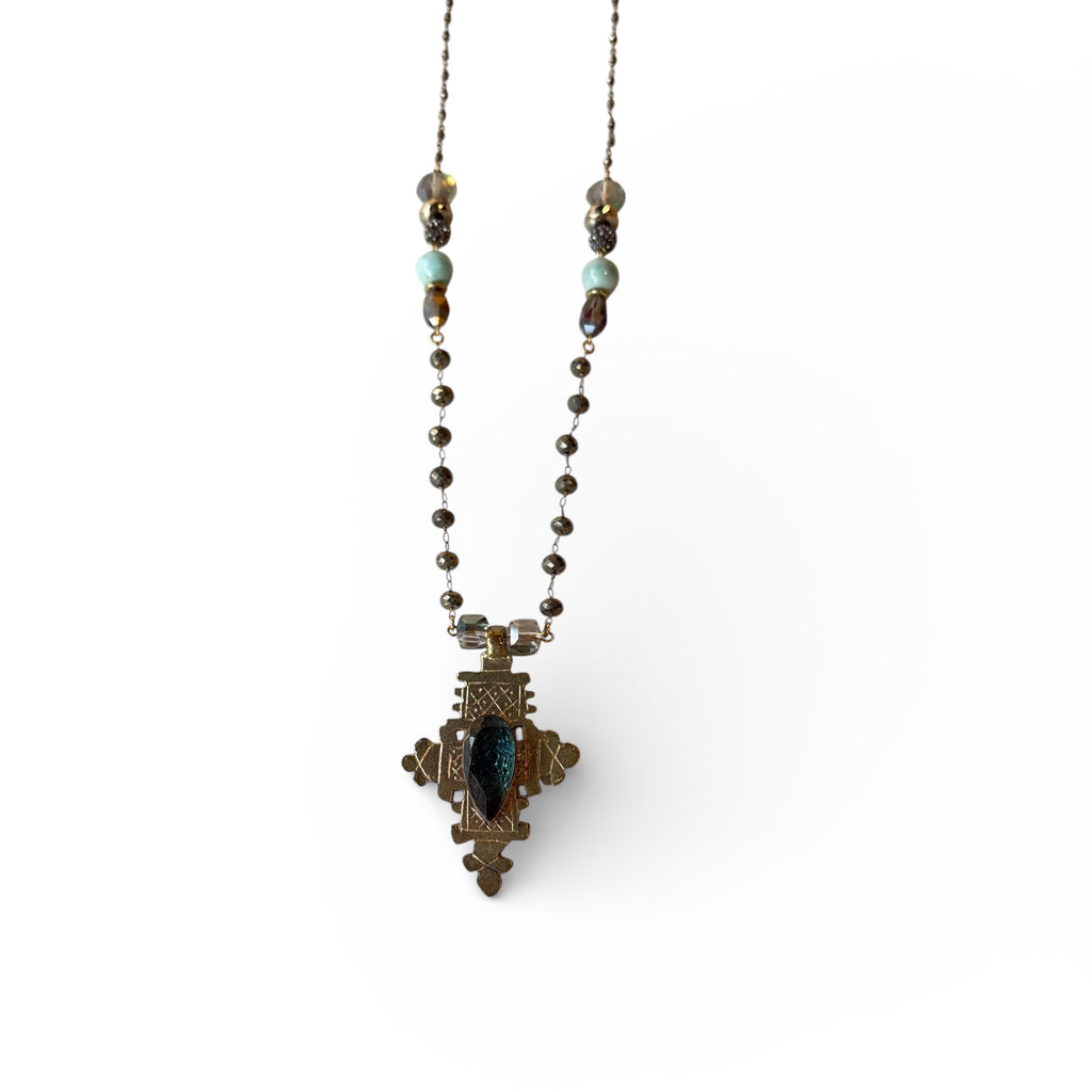 African Tuareg Cross Necklace | Aqua Faceted Crystal