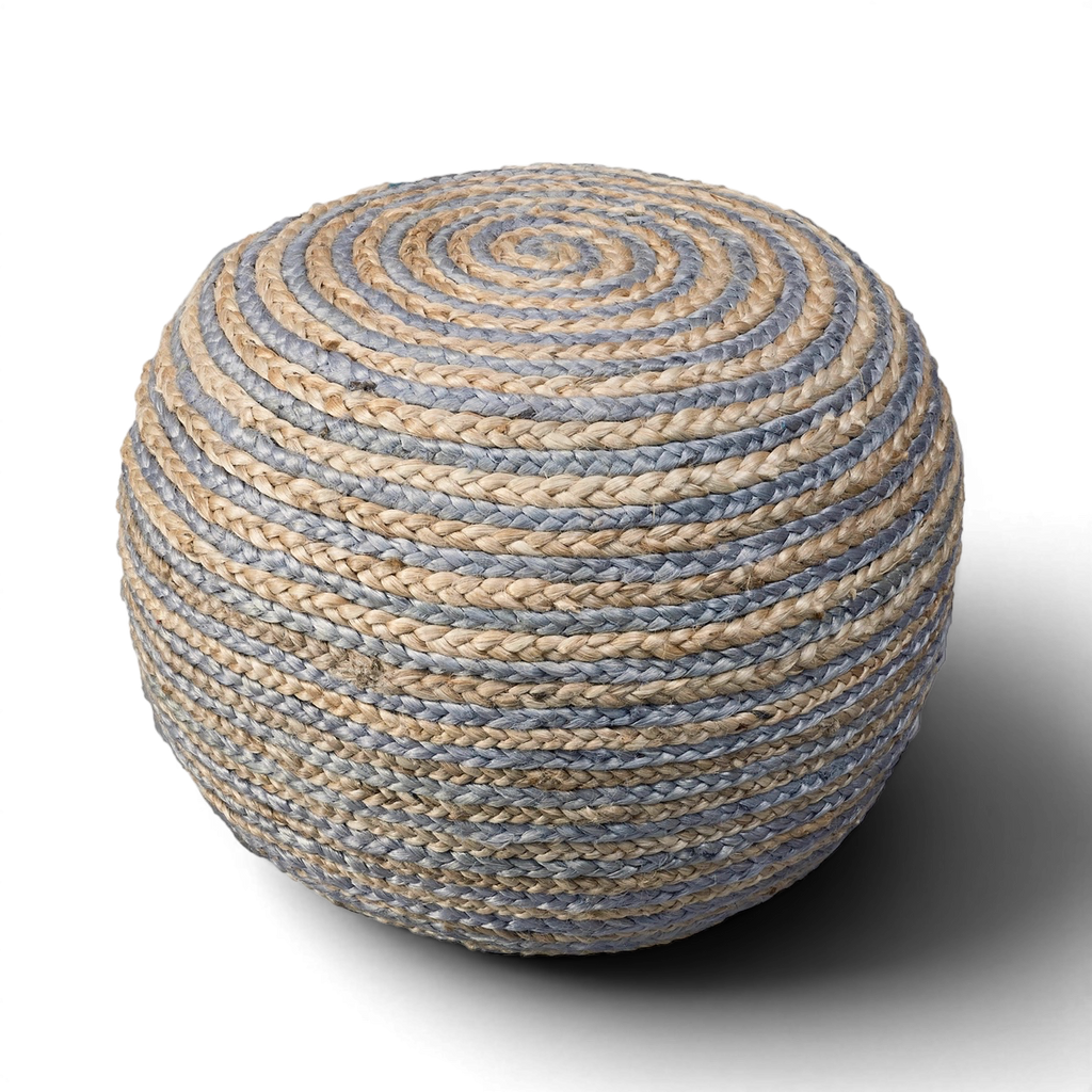 Natural Braided Jute & Cotton Pouf Ottoman | 20x14" | Gray & Natural Two-Tone