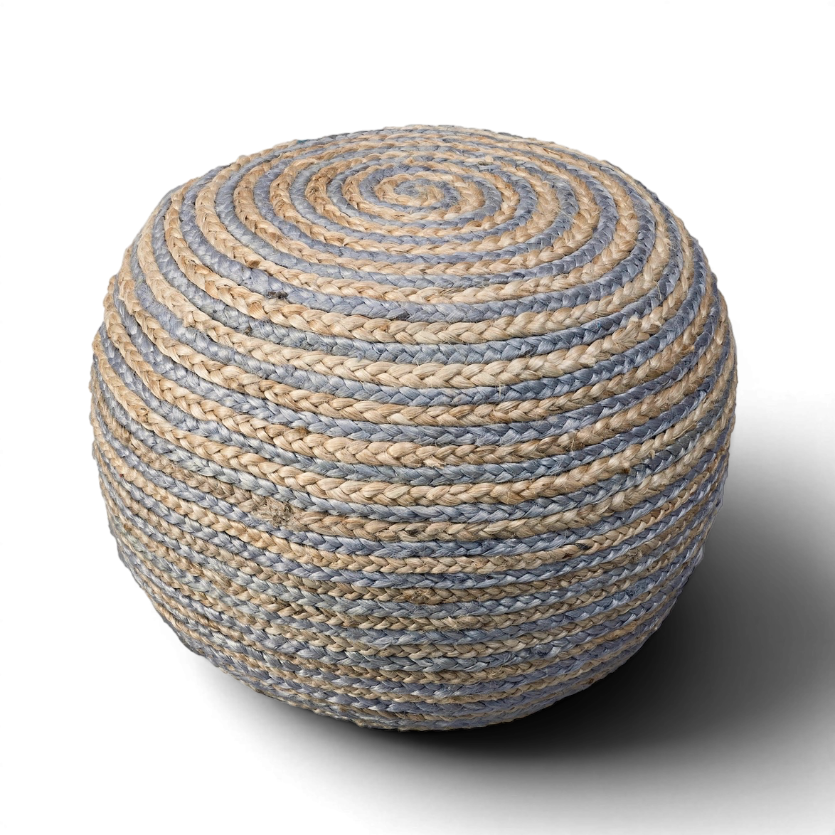 Natural Braided Jute & Cotton Pouf Ottoman | 20x14" | Gray & Natural Two-Tone