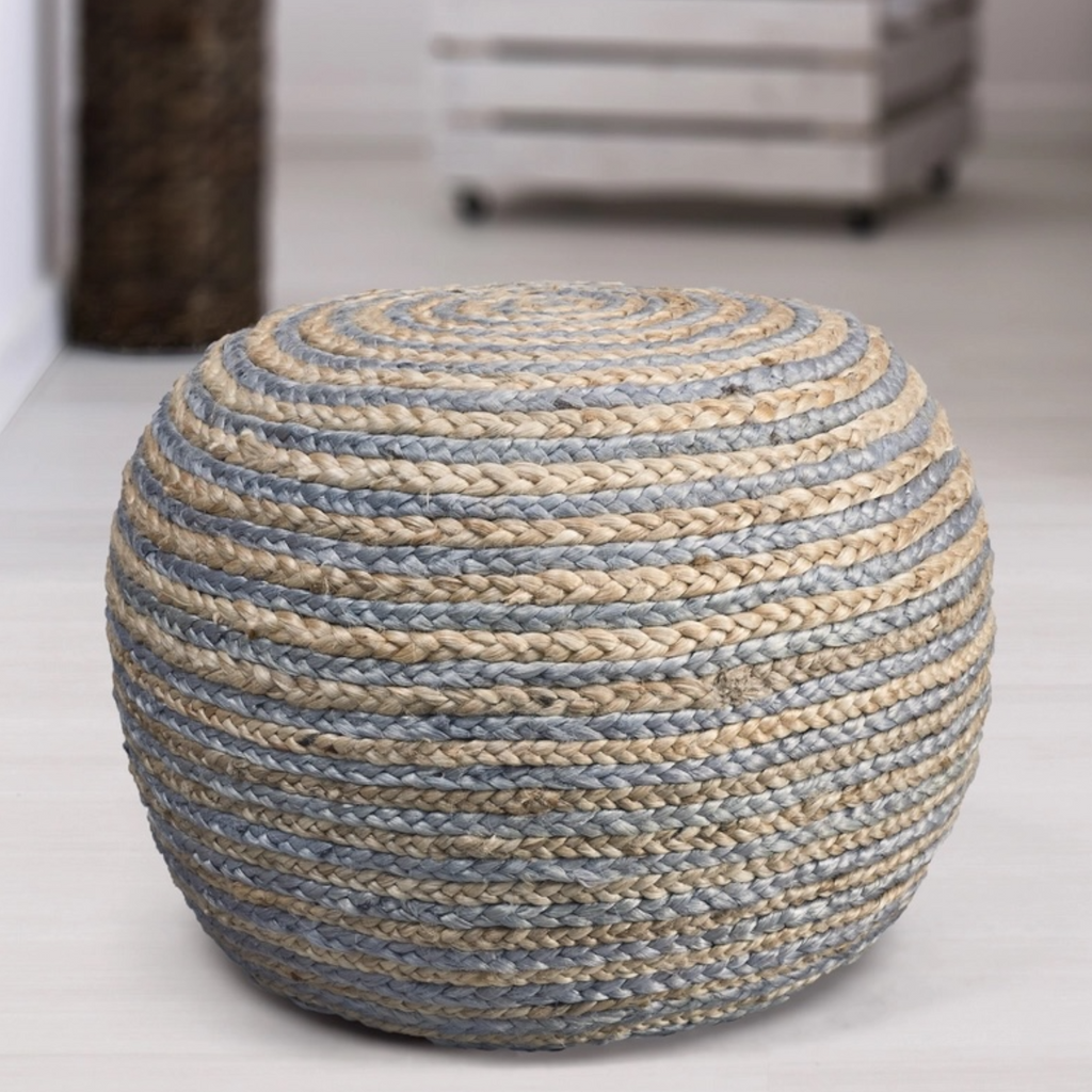 Natural Braided Jute & Cotton Pouf Ottoman | 20x14" | Gray & Natural Two-Tone