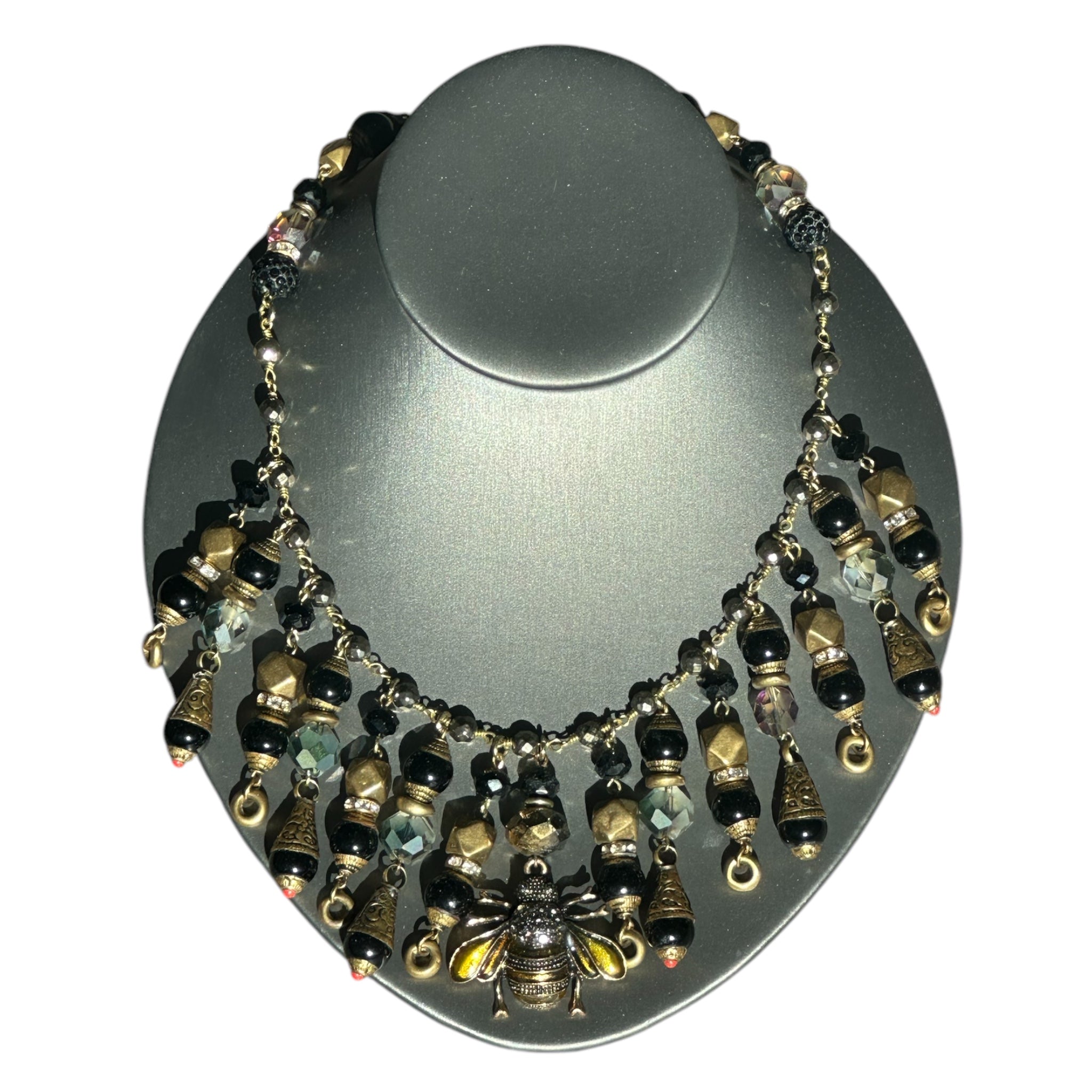 Antique Bee Charm Necklace w/ Tibetan Black Jet Drops & Austrian Crystal