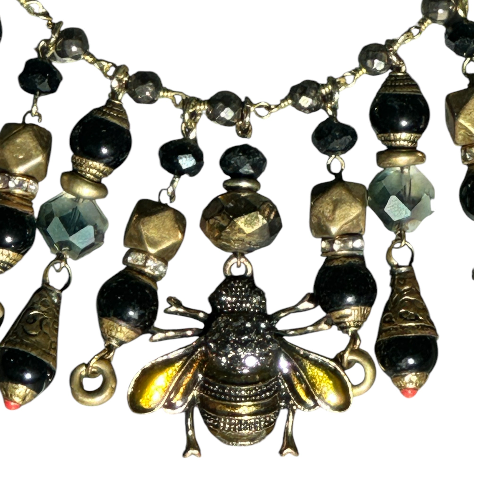 Antique Bee Charm Necklace w/ Tibetan Black Jet Drops & Austrian Crystal