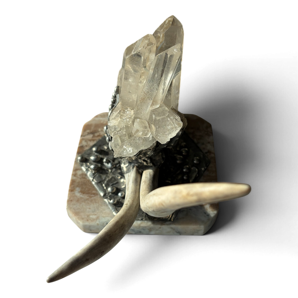 Marble Treasure Box w/ White-Tail Antler & Quartz Crystal Cluster, Sterling Silver Detail