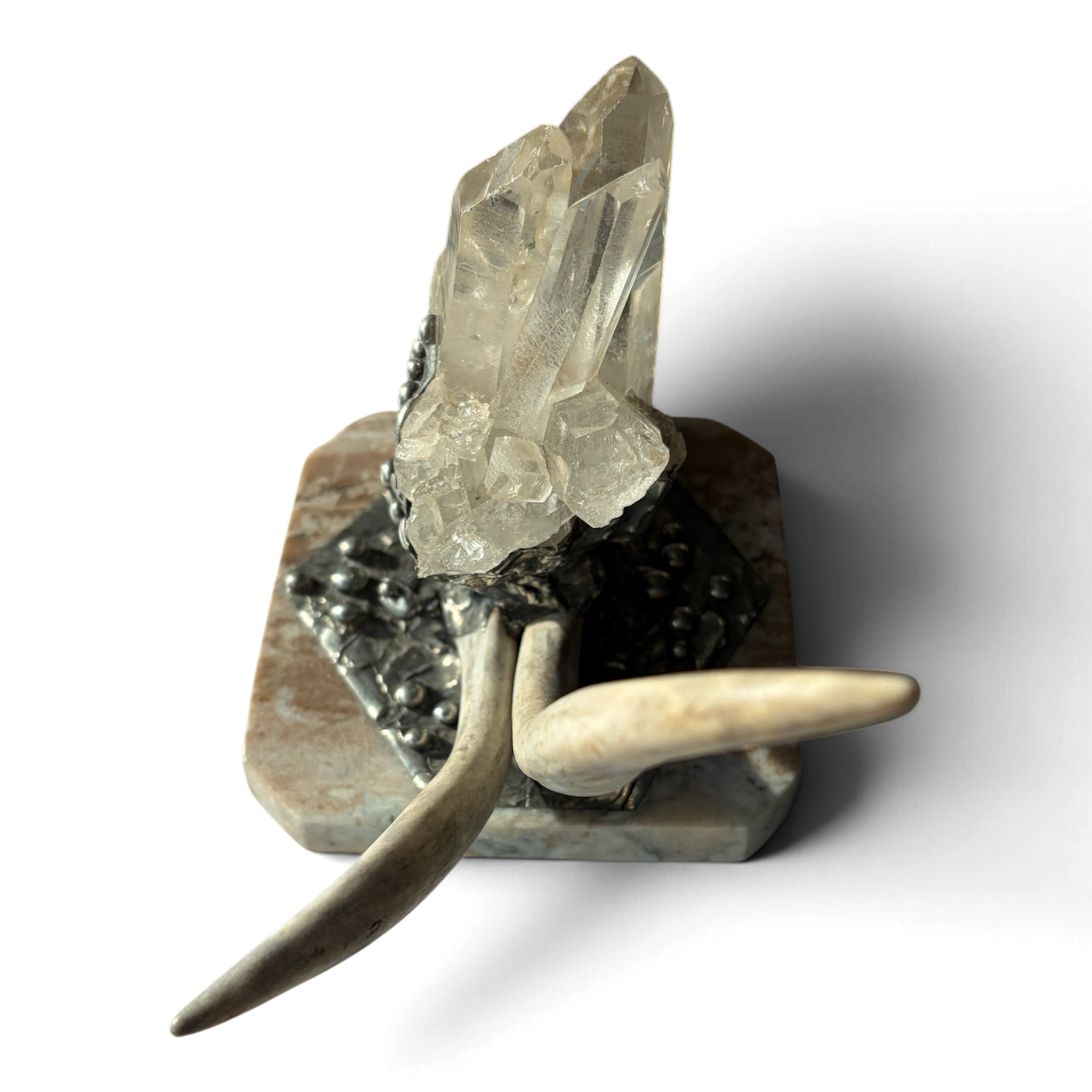Marble Treasure Box w/ White-Tail Antler & Quartz Crystal Cluster, Sterling Silver Detail